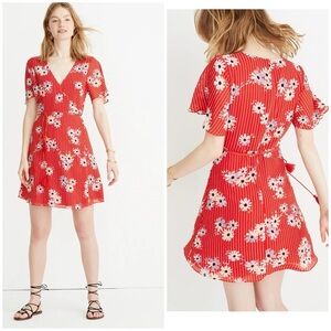 Madewell Button-Wrap Dress Daisy Society Short Sleeve Red White Blue Sz 14 NWT